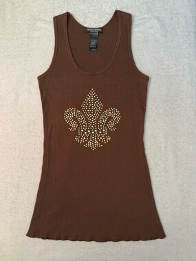 Bisou Bisou Y2K Brown Ribbed Racerback Tank Top Beaded Fleur De Lis Design